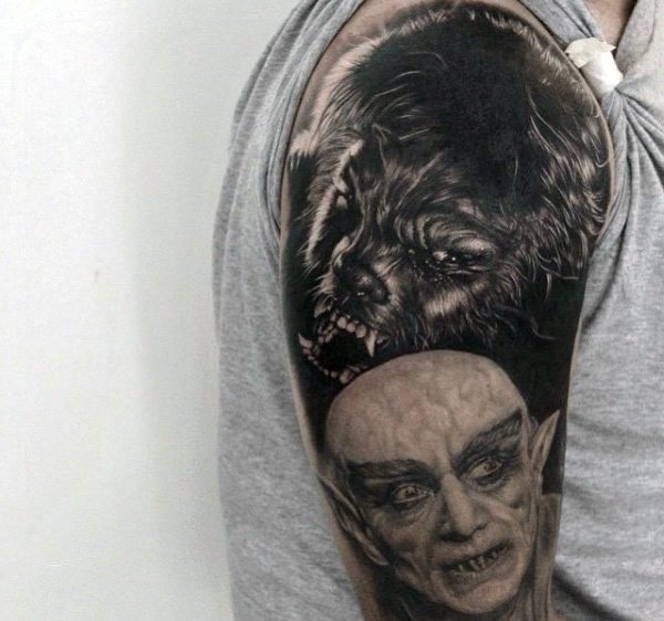 现实主义风格黑灰色狼人和吸血鬼纹身图片