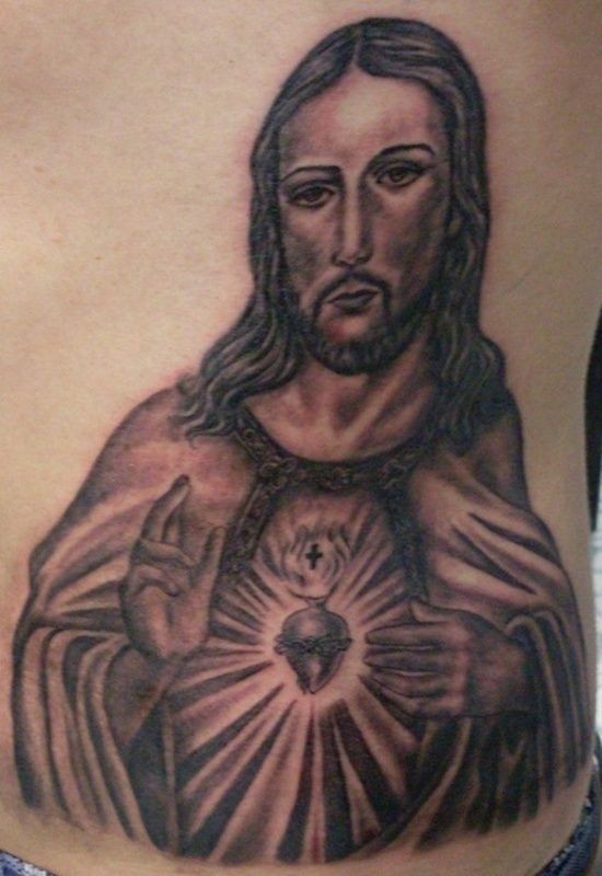 腰侧棕色耶稣奇妙画像纹身图片