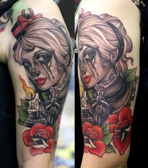 新风格的彩色哭泣妇女与蜡烛纹身图案