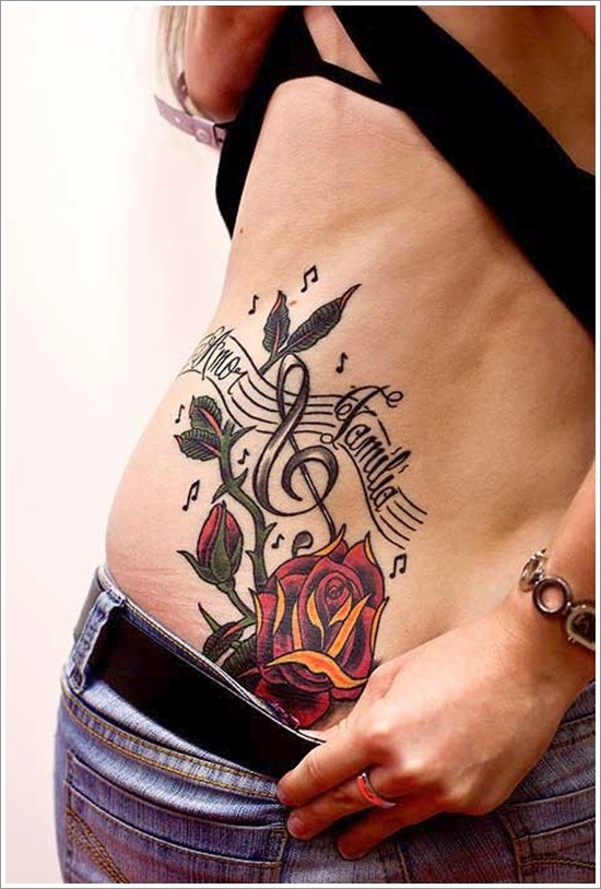 腰部彩色音乐为主题玫瑰纹身图案