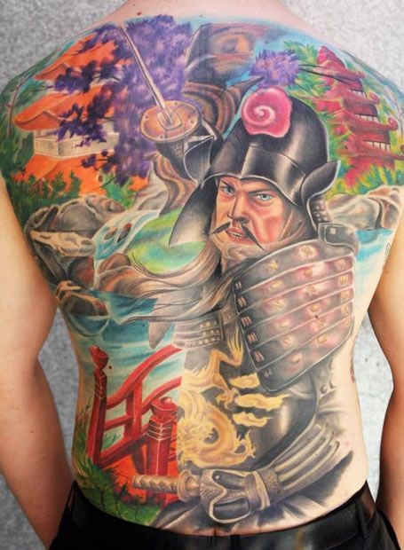 满背彩色日本武士纹身图案