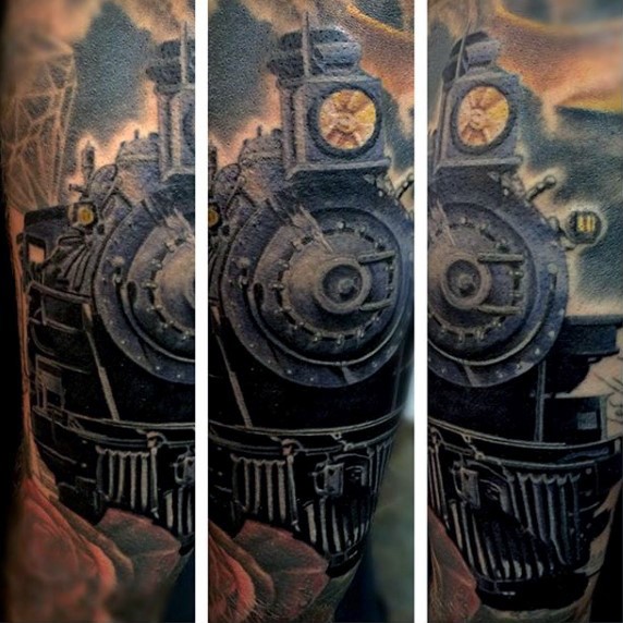 花臂逼真的彩色西方列车纹身图案