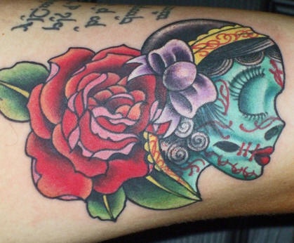 手臂彩色女性骷髅与玫瑰纹身图片