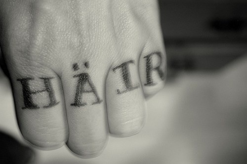 男性手指黑色字母纹身图片