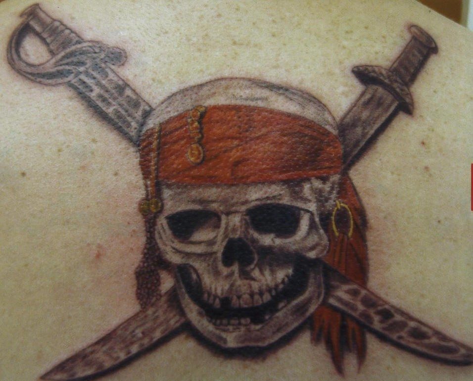 肩部彩色加勒比海盗骷髅纹身图案