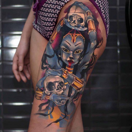 New School彩色大腿印度教女神纹身图案