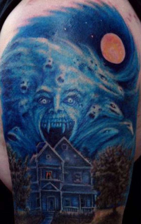 腿部彩色幽灵的恐怖房子纹身图片
