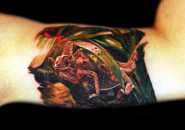 手臂彩色逼真的自然蜥蜴纹身图片