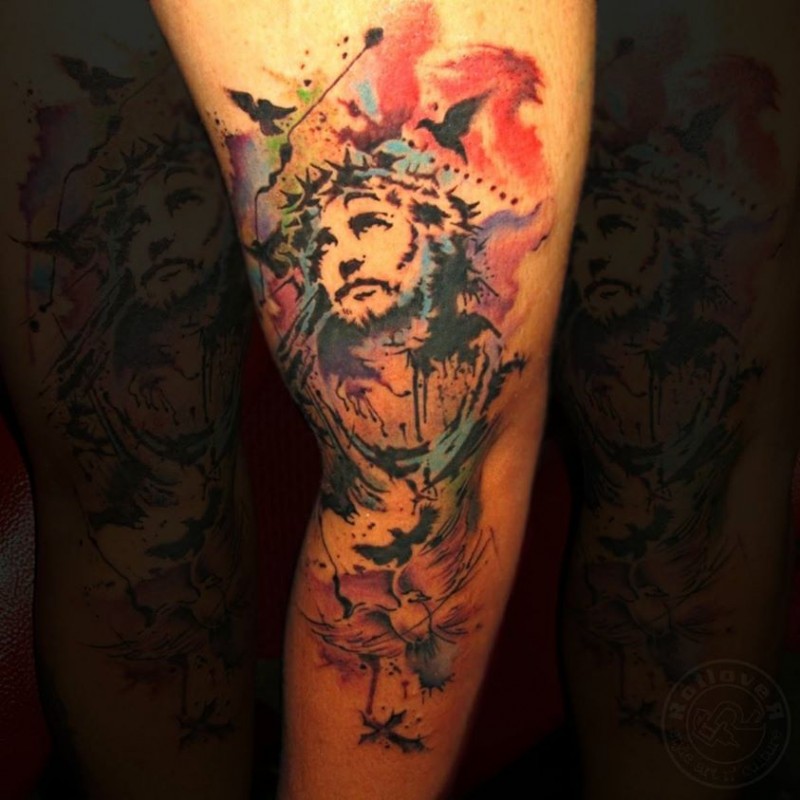 腿部水彩风格耶稣纹身图案