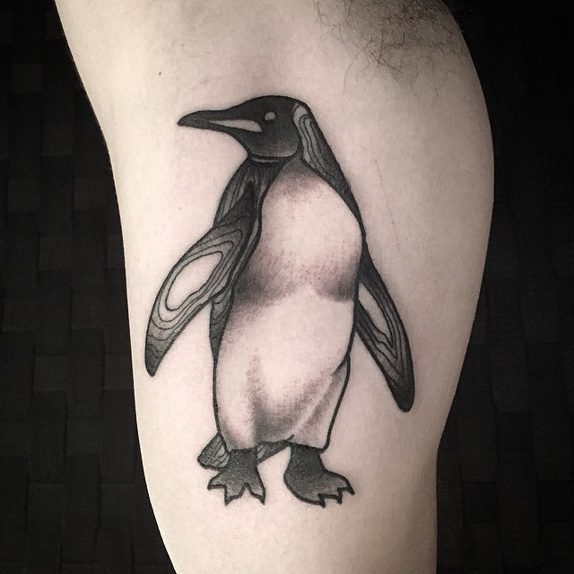 肩部黑色有趣的企鹅纹身图案
