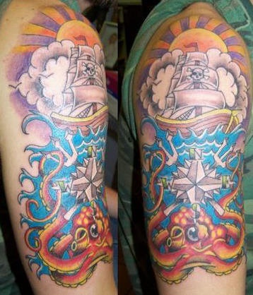 肩部彩色章鱼和帆船纹身图案