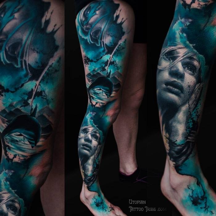 腿部彩色妇女肖像与海洋纹身图案