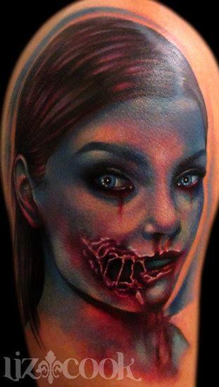 令人毛骨悚然的彩色血腥僵尸妇女纹身图案