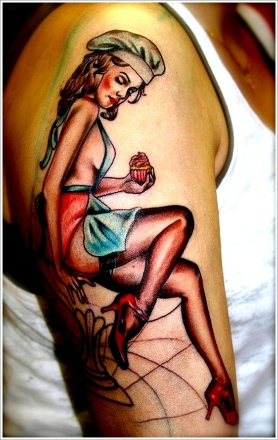 彩色旧风格彩绘诱人的贝克妇女纹身图案