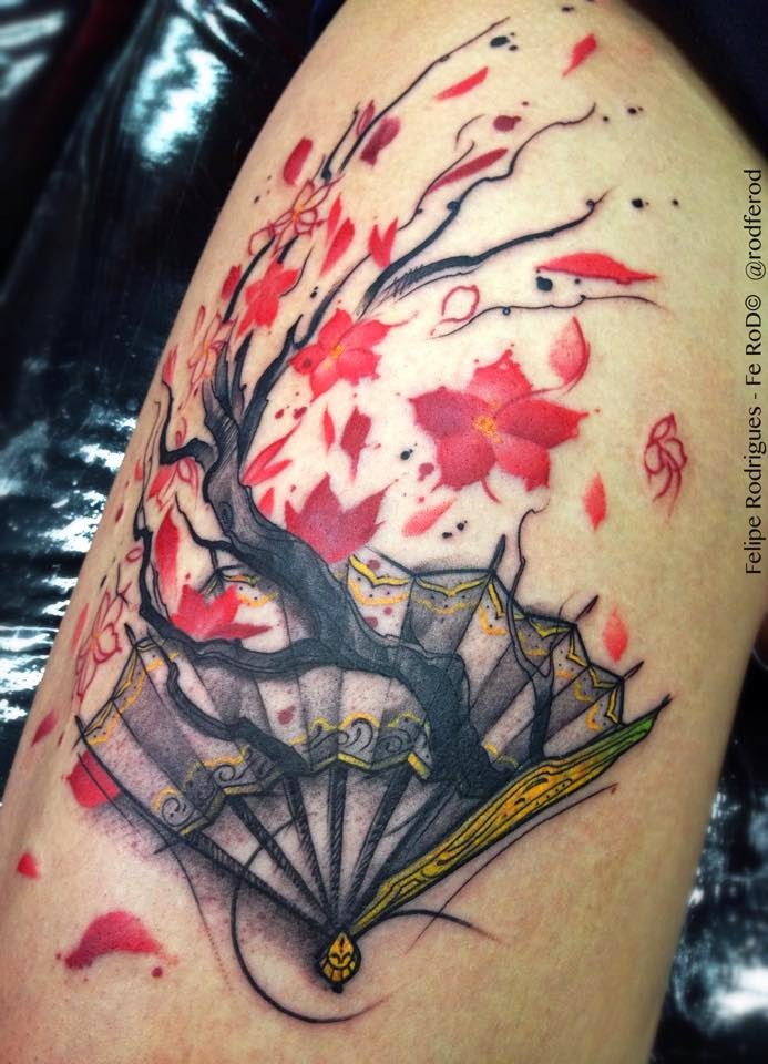 腿部日本传统风格的彩色扇子纹身