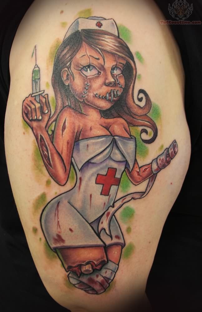 肩部彩色注射僵尸护士纹身图案