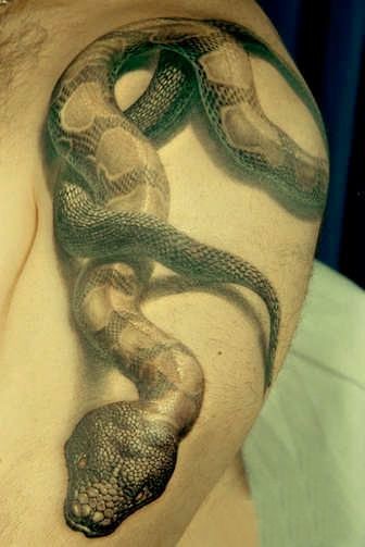 肩部黑灰色逼真3D蛇纹身图案