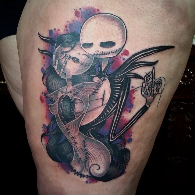 腿部彩色怪物夫妇纹身图案