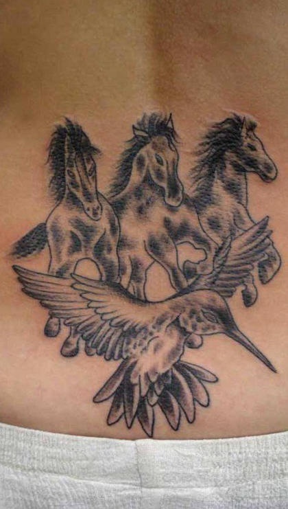 腰部棕色三匹马和蜂鸟纹身图片