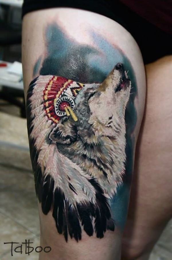 腿部彩色真实照片印度狼纹身图案