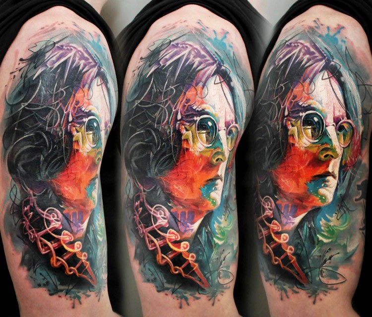 肩部新风格的彩色列侬肖像纹身图案