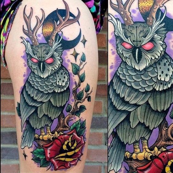 新传统风格的彩色恶魔猫头鹰纹身图片