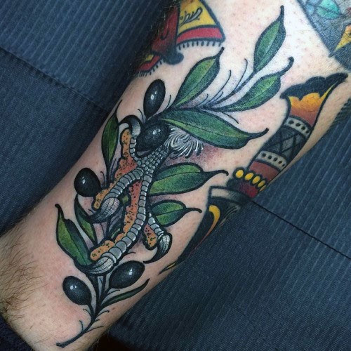 腿部新风格的彩色橄榄树纹身图案