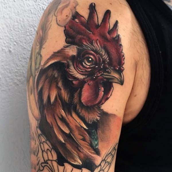 肩部真正的照片彩色公鸡纹身图片