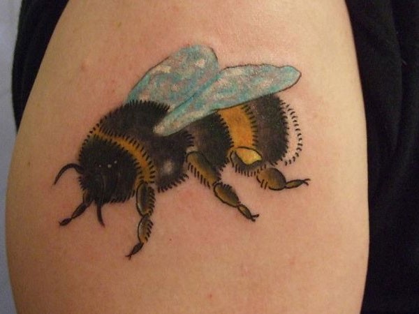 肩部彩色写实大黄蜂纹身图案