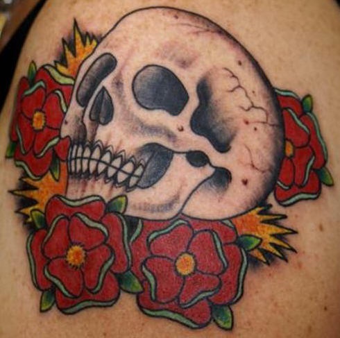 腿部墨西哥彩色骷髅和玫瑰纹身