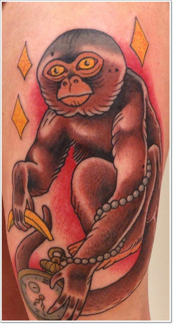 腿部简单的老派风格彩色猴子纹身图案