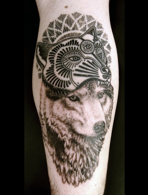 手臂黑棕色写实狼狼面具纹身