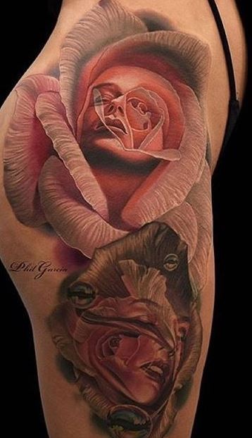 腿部彩色玫瑰与年轻女孩的肖像纹身图案