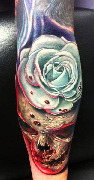 女性手臂彩色大玫瑰纹身图案