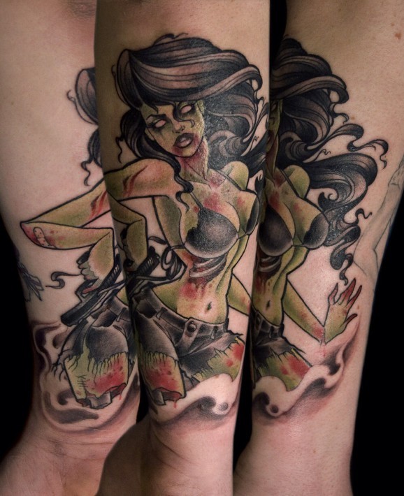 腿部彩色性感女性僵尸纹身图案