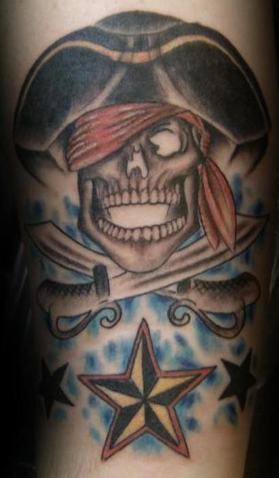 腿部彩色海盗骷髅与五角星纹身图案