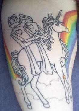 腿部彩色独角兽与机器人纹身图案