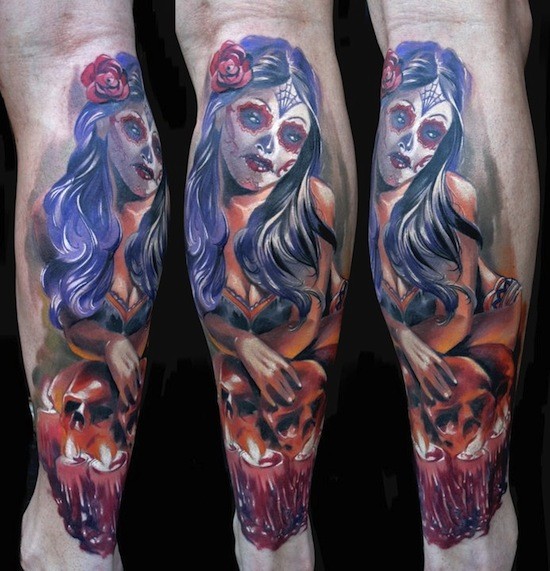 腿部墨西哥传统彩色女人肖像纹身图案