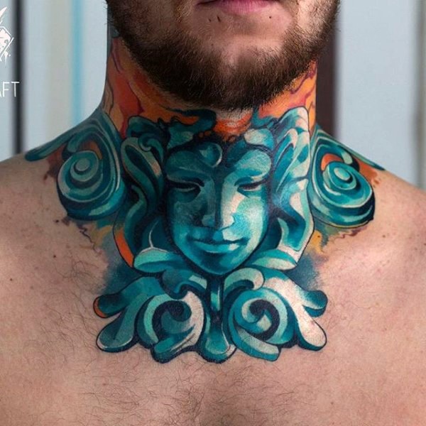 男性脖子彩色石雕风格纹身图案