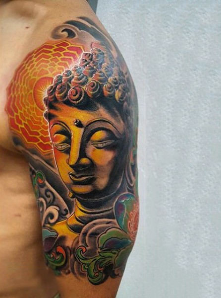 新风格彩色肩如来佛祖雕像纹身图片