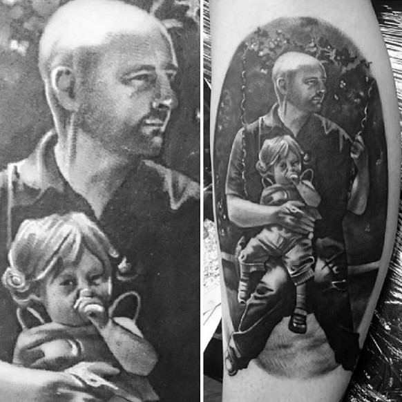 腿部灰色父亲与女儿肖像纹身图案