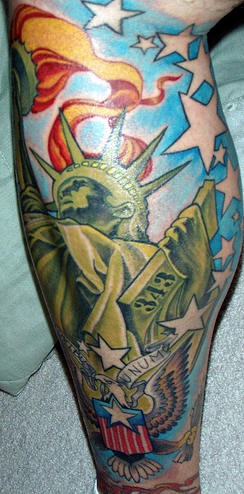 腿部彩色美国爱国自由女神像纹身图案
