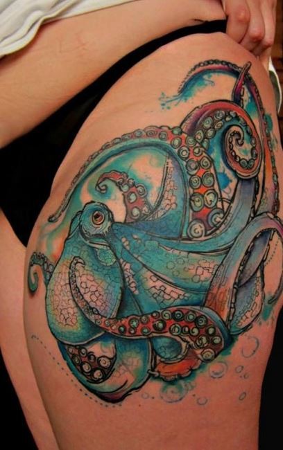 腿部卡通水彩章鱼纹身图案