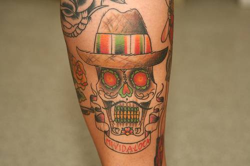 腿部彩色墨西哥的骷髅纹身图片