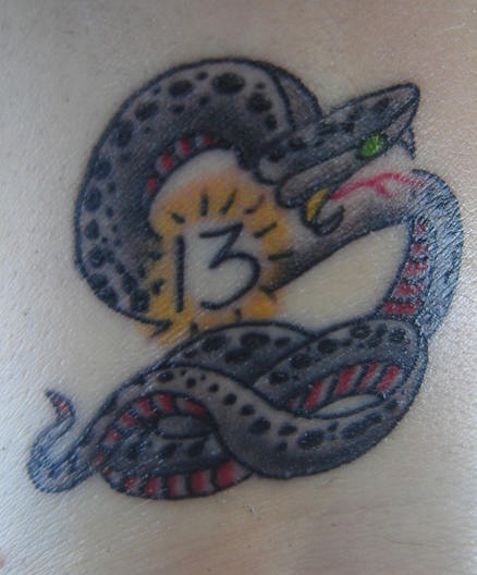 手臂彩色蛇与十三号码纹身图案