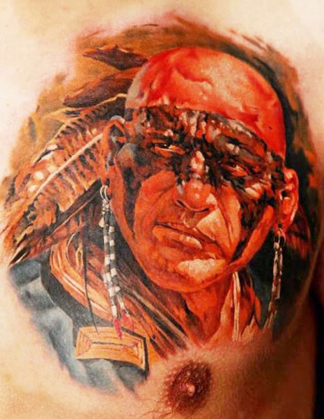 胸部彩色战斗中的印度武士纹身图片