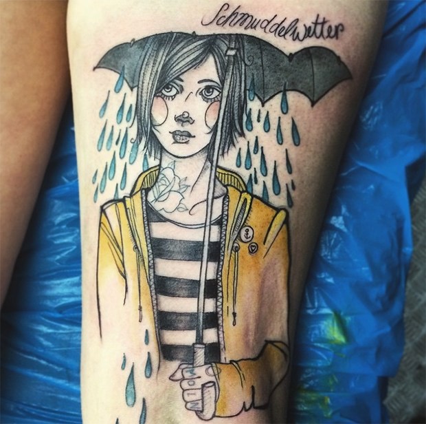 腿部彩色插画风格打伞的女人纹身