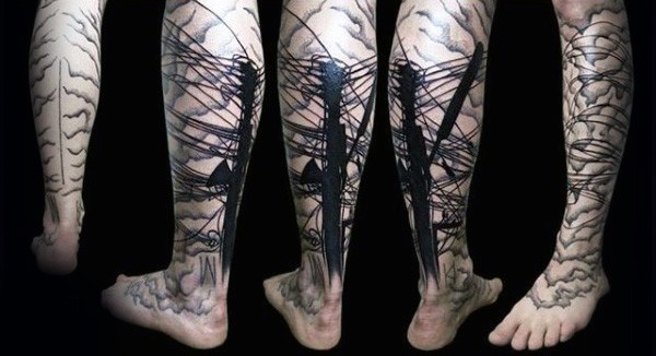 腿部黑色城市线塔纹身图案