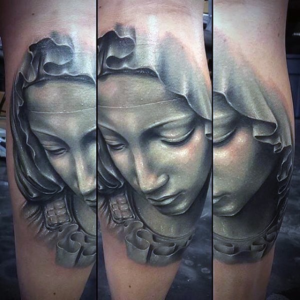 腿部灰色石雕风格色的女人纹身图片