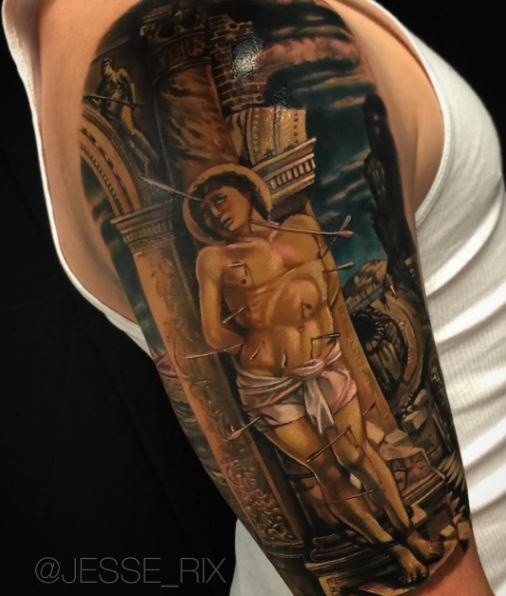 戏剧性风格肩部受伤的圣人纹身图案
